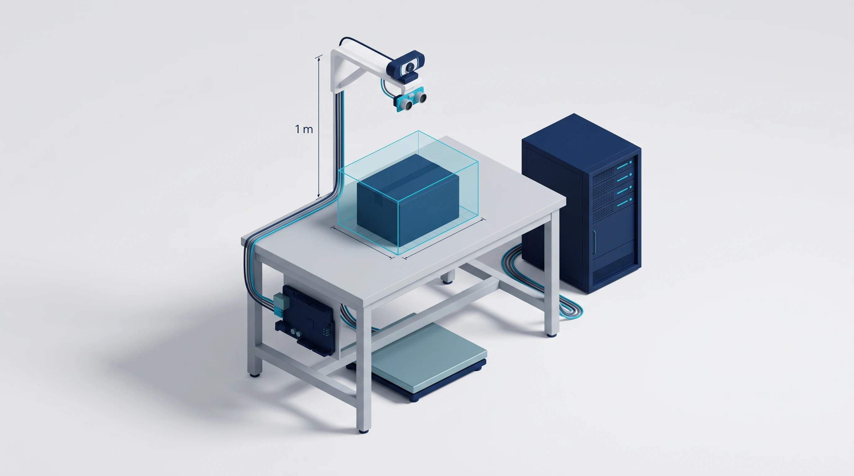 A high-angle professional photograph of a modern logistics warehouse workstation