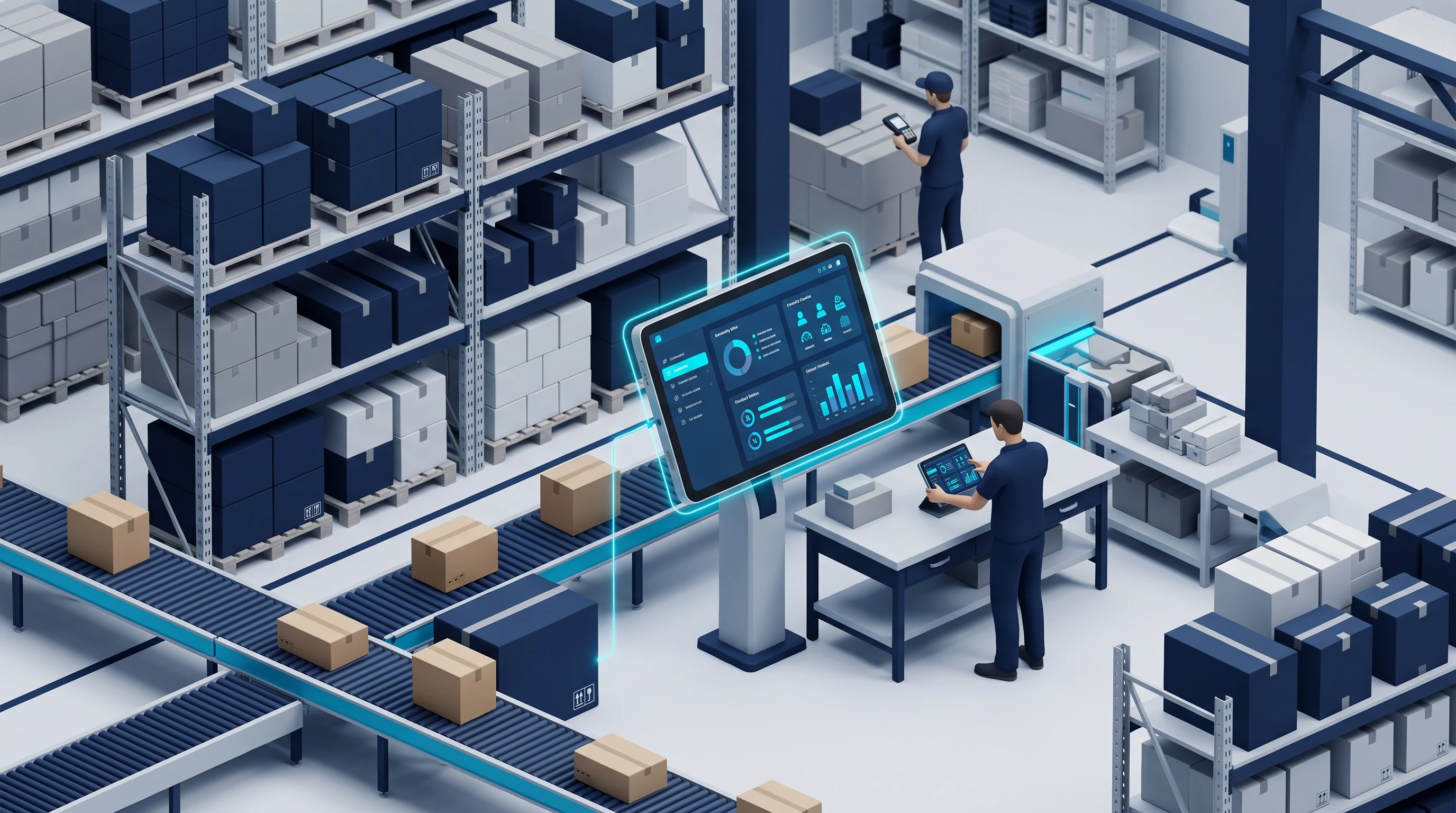 A high-quality 3D render of a modern 3PL logistics warehouse interior, featuring