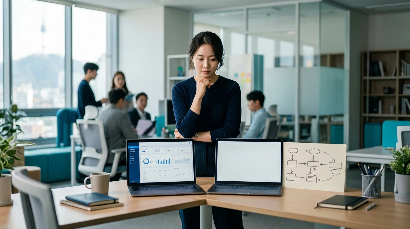 ERP 패키지와 맞춤 구축 사이에서 고민하는 모습