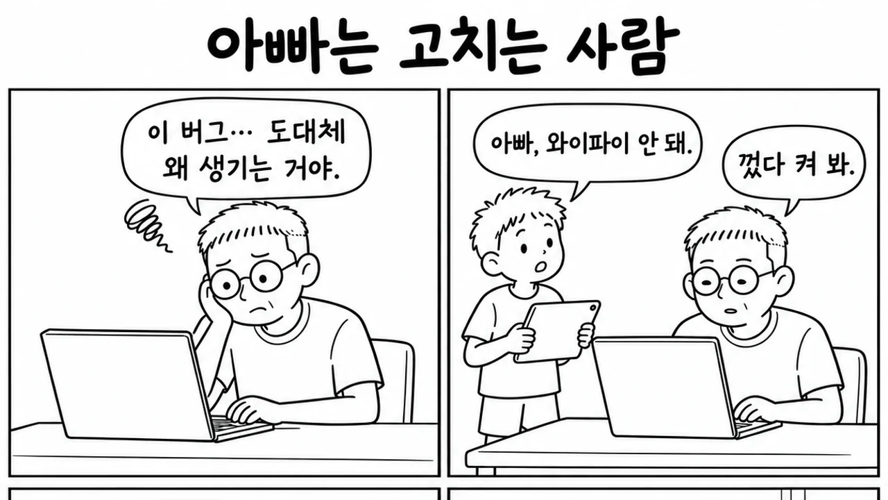 아빠는 고치는 사람 — 노트북 앞에서 버그로 고민하는 서기와 태블릿을 든 큰아들 차니