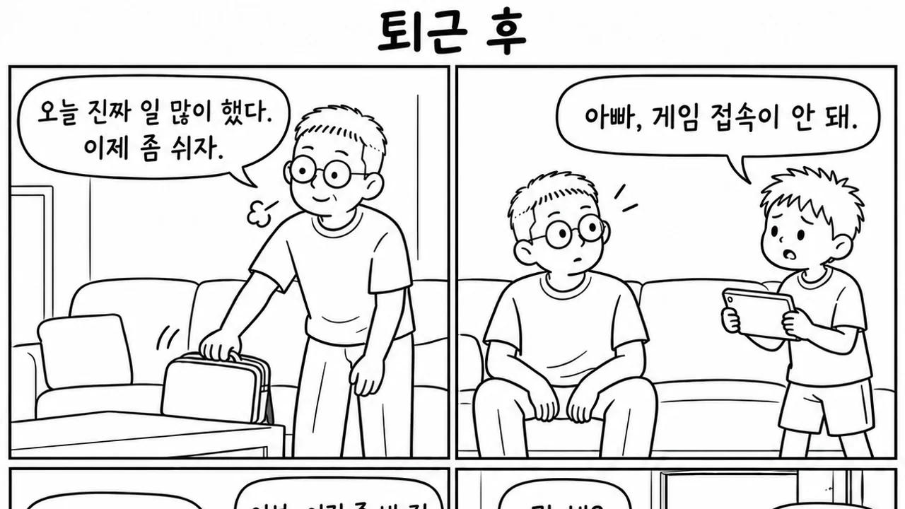 퇴근 후 — 소파에서 쉬려는 아빠에게 태블릿을 들고 다가온 아들