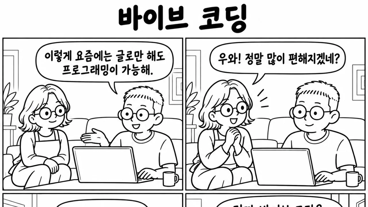 바이브 코딩 — 소파에서 아내에게 노트북 화면을 보여 주며 설명하는 서기