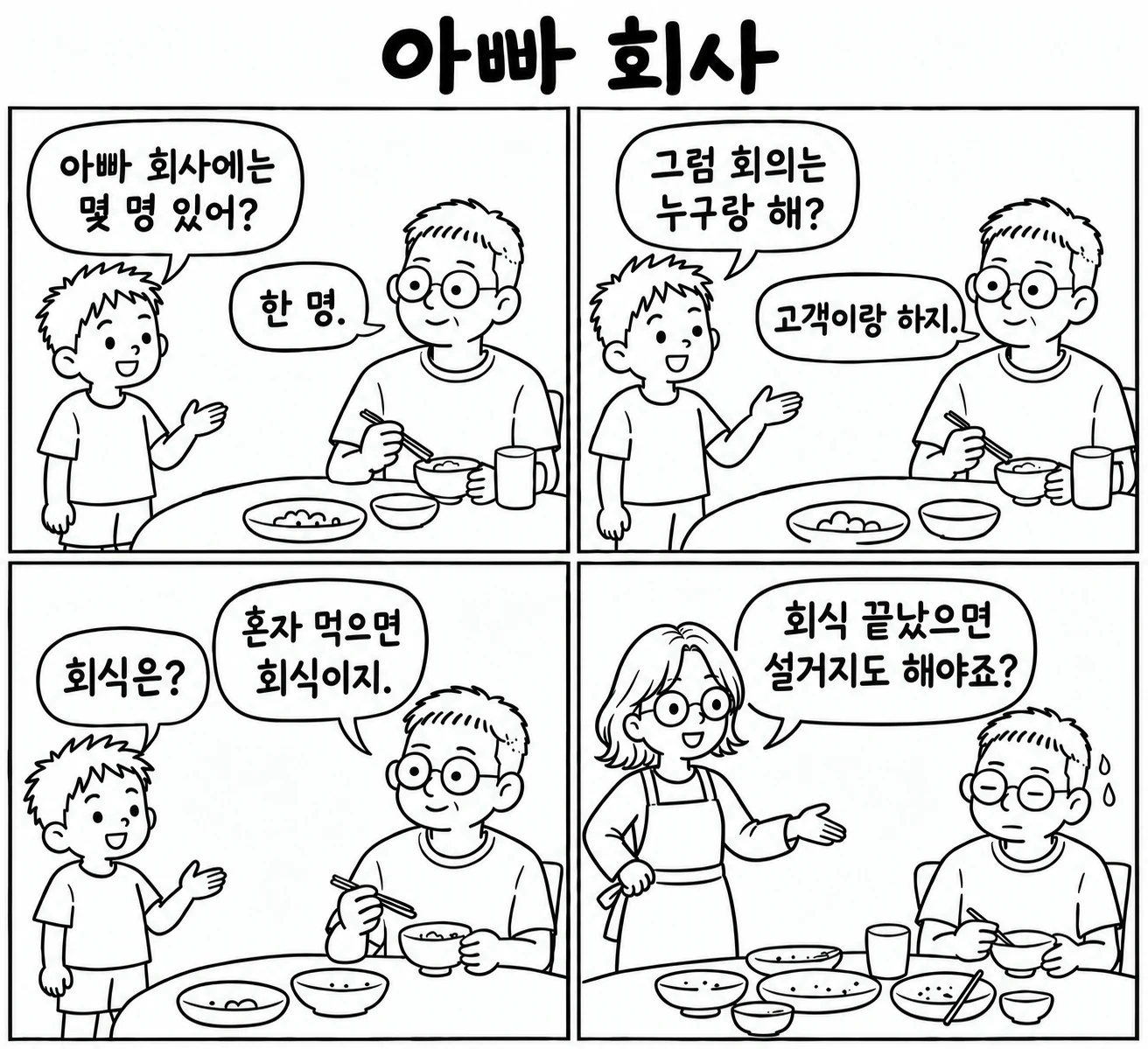 아빠 회사 — 저녁 식탁에서 큰아들 차니가 "아빠 회사에는 몇 명 있어?"라고 묻자 아빠는 "한 명."이라고 답한다. "그럼 회의는 누구랑 해?"에는 "고객이랑 하지.", "회식은?"에는 "혼자 먹으면 회식이지."라고 답한다. 마지막 칸에서 앞치마를 두른 아내가 "회식 끝났으면 설거지도 해야죠?"라고 하자 아빠는 땀을 흘린다.